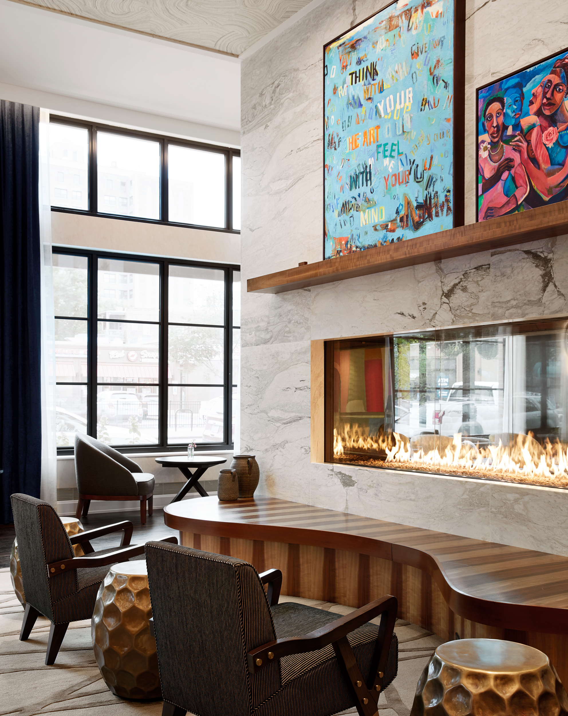 Close up of the Sophy lobby fireplace